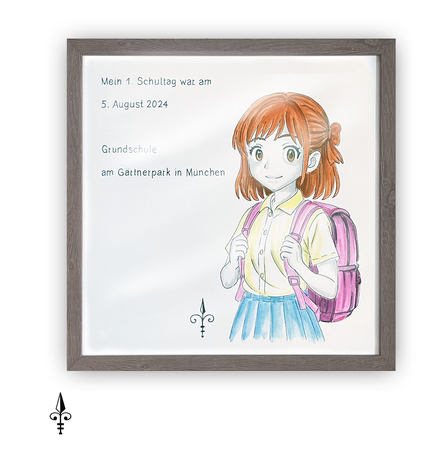 Handgemaltes Aquarell: 1. Schultag Mädchen