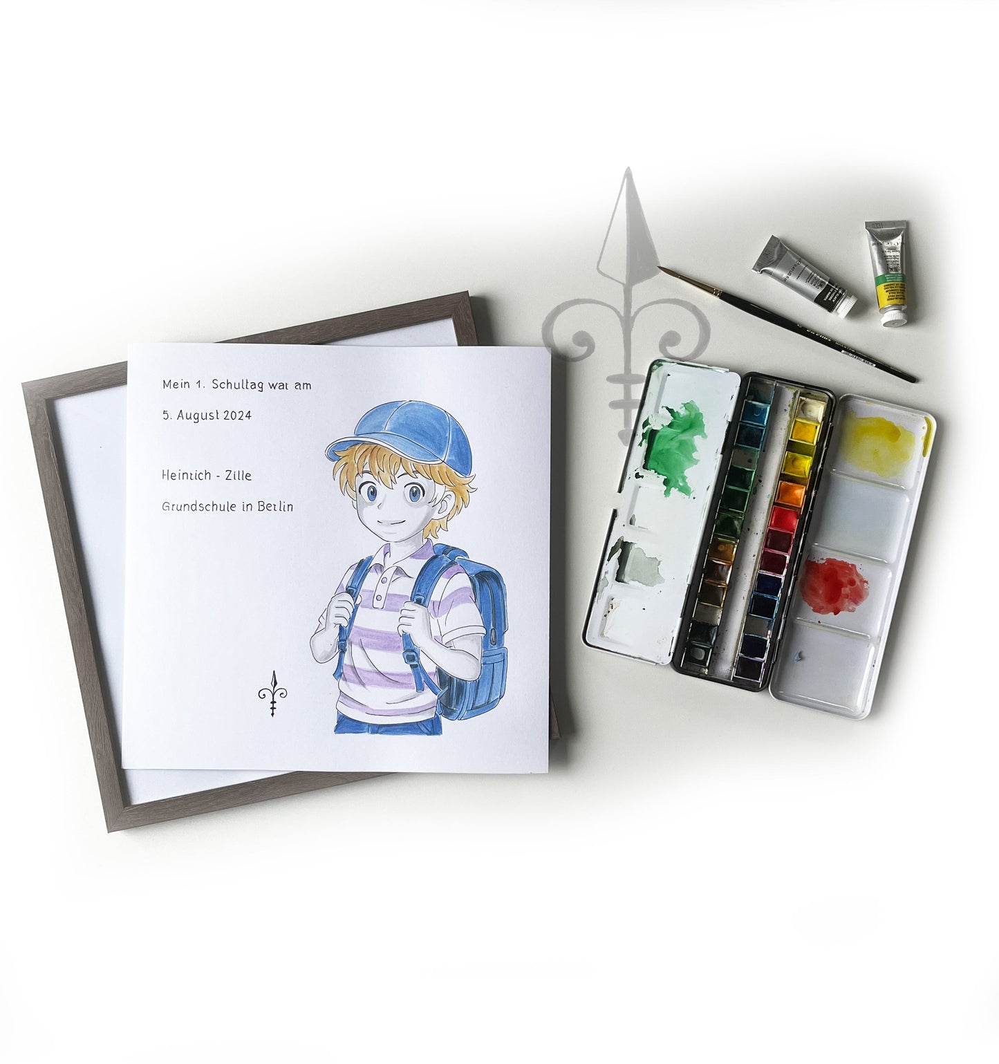 Handgemaltes Aquarell: 1. Schultag Junge