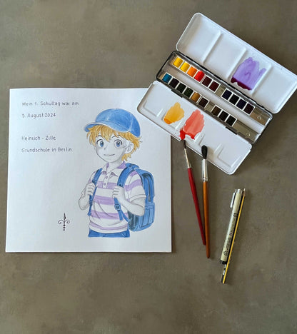 Handgemaltes Aquarell: 1. Schultag Junge