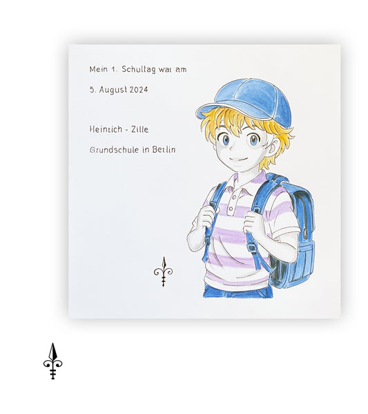 Handgemaltes Aquarell: 1. Schultag Junge