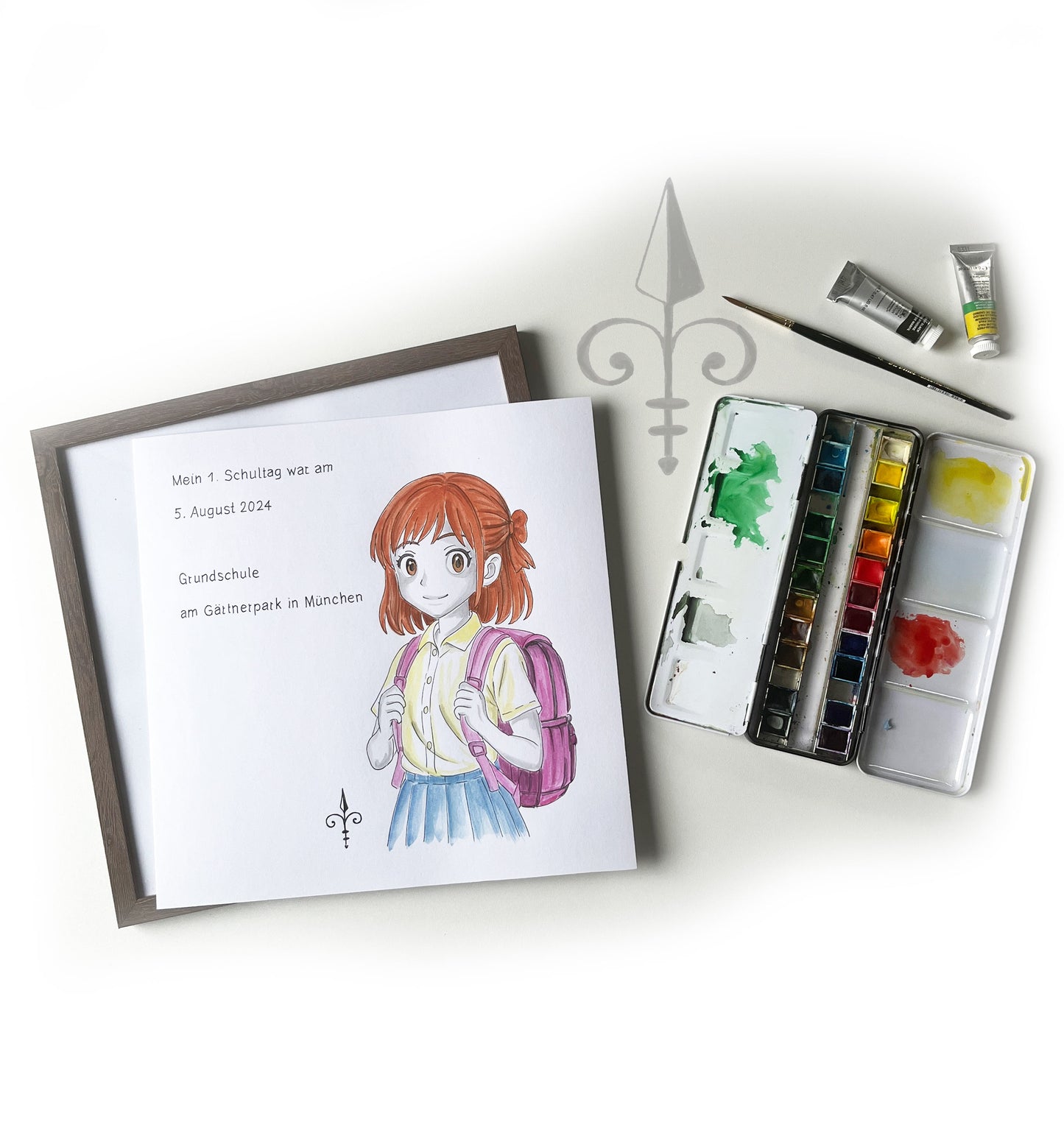 Handgemaltes Aquarell: 1. Schultag Mädchen