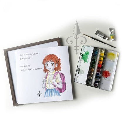 Handgemaltes Aquarell: 1. Schultag Mädchen