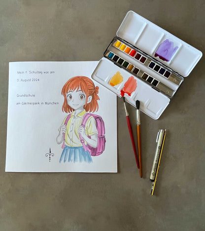Handgemaltes Aquarell: 1. Schultag Mädchen