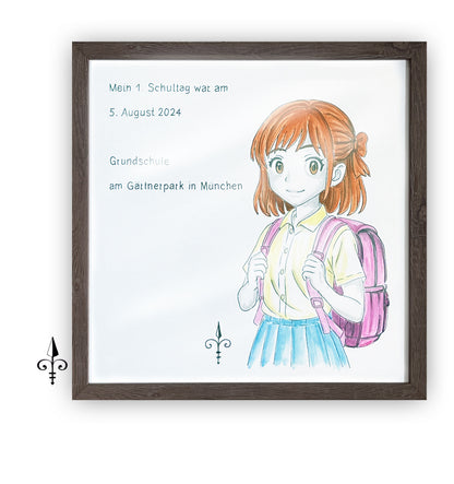 Handgemaltes Aquarell: 1. Schultag Mädchen