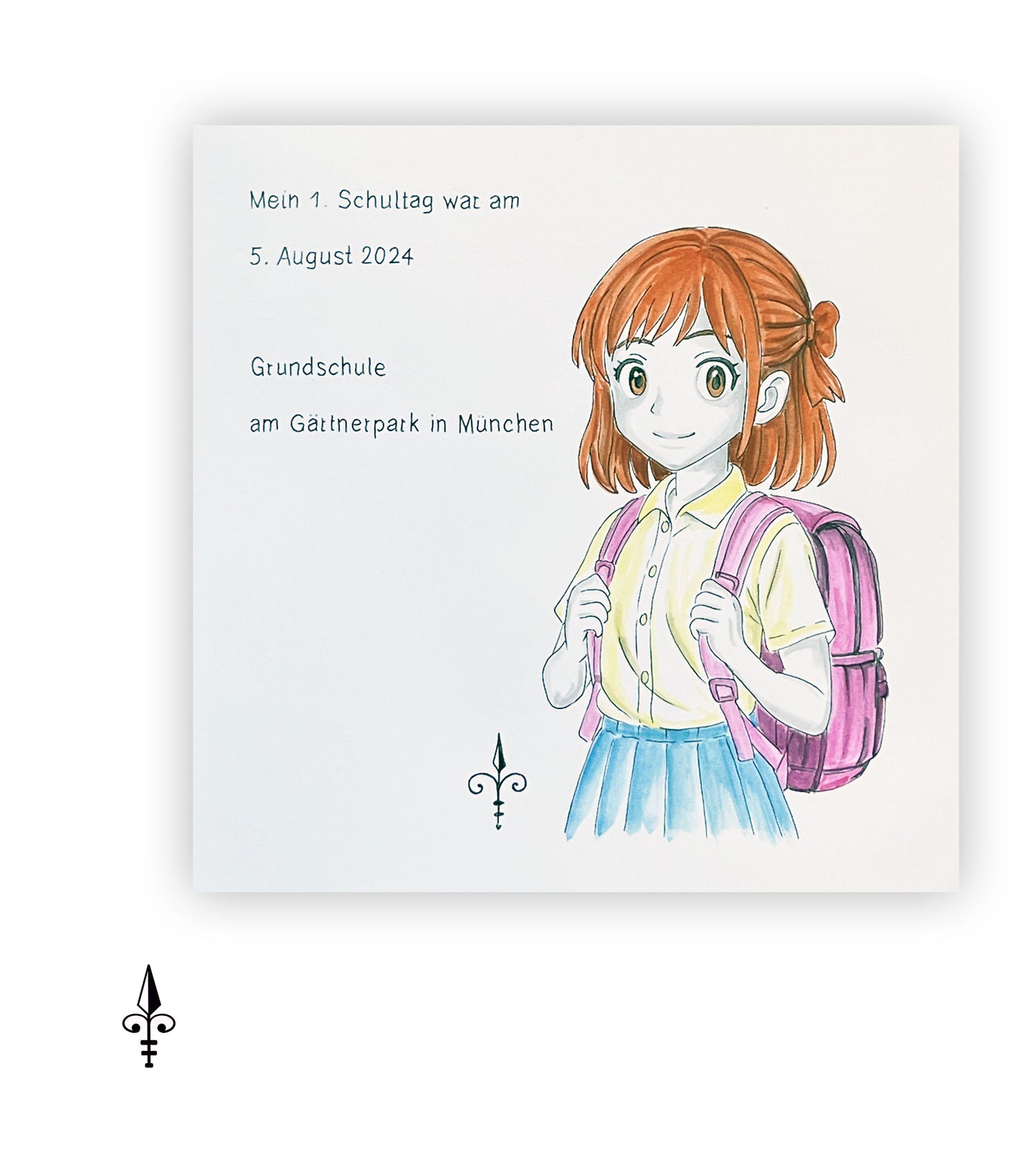 Handgemaltes Aquarell: 1. Schultag Mädchen