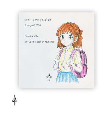 Handgemaltes Aquarell: 1. Schultag Mädchen