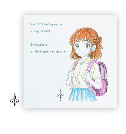 Handgemaltes Aquarell: 1. Schultag Mädchen
