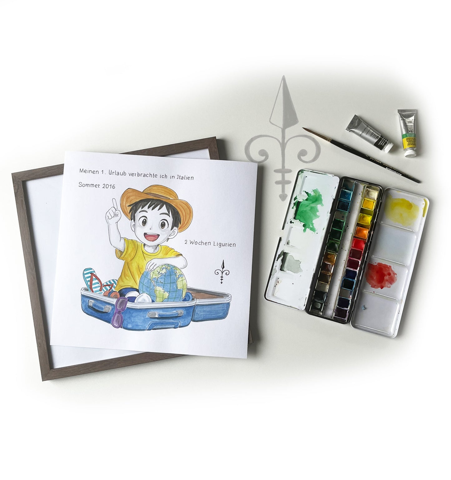 Handgemaltes Aquarell - Reise Junge