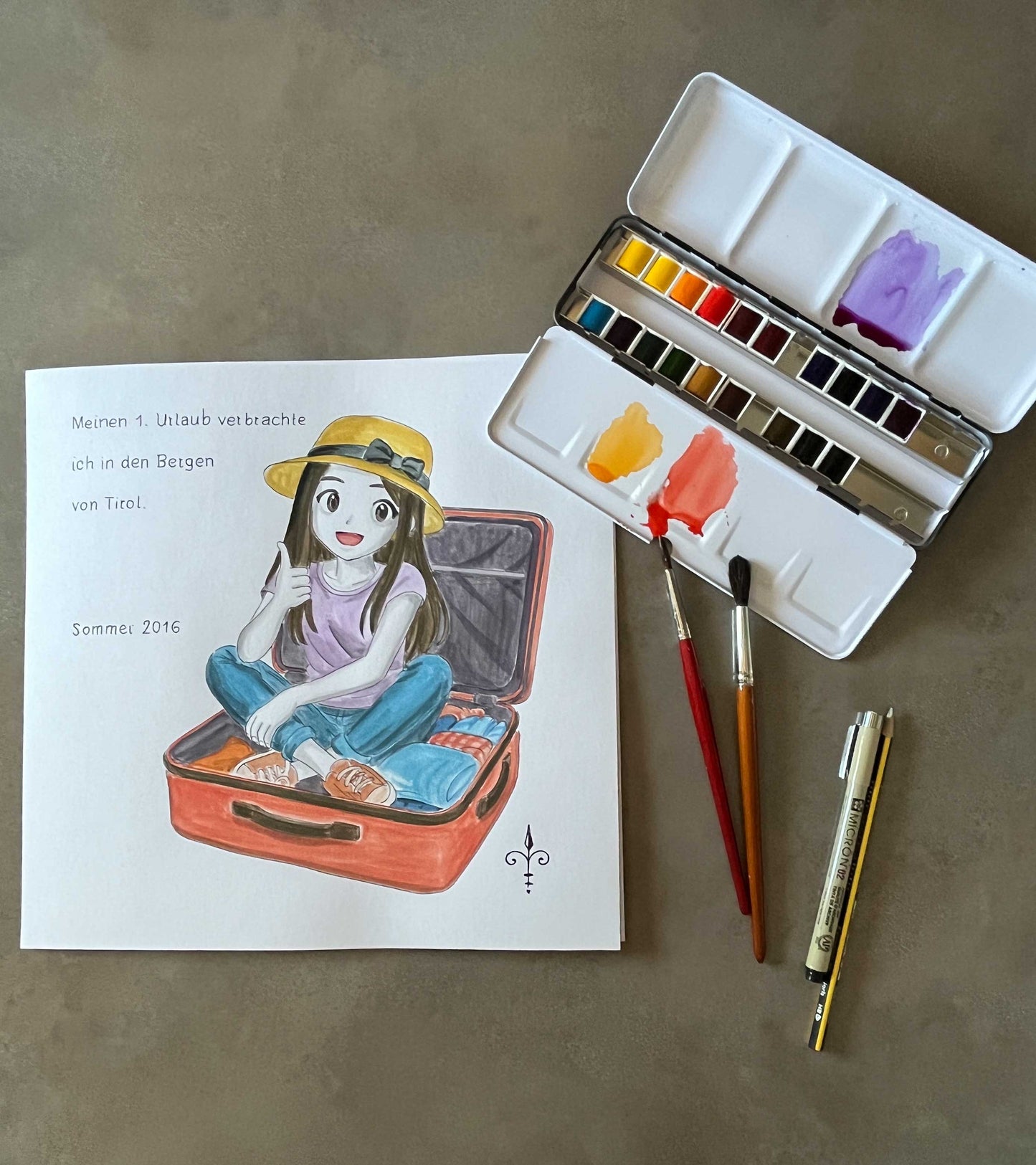 Handgemaltes Aquarell - Reise/Mädchen