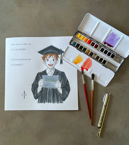 Handgemaltes Aquarell: Schulabschluss - Junge