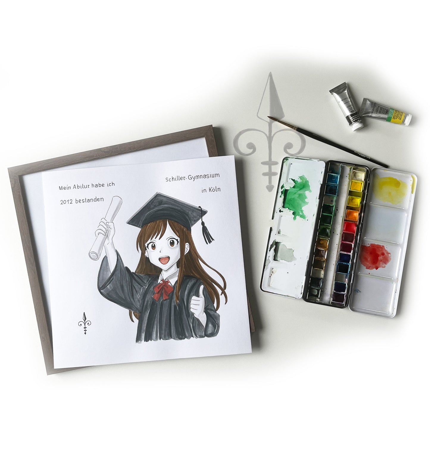 Handgemaltes Aquarell: Schulabschluss - Mädchen