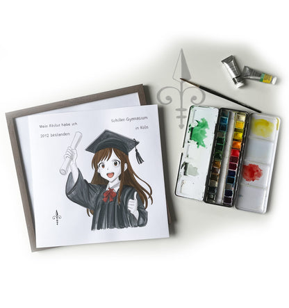 Handgemaltes Aquarell: Schulabschluss - Mädchen