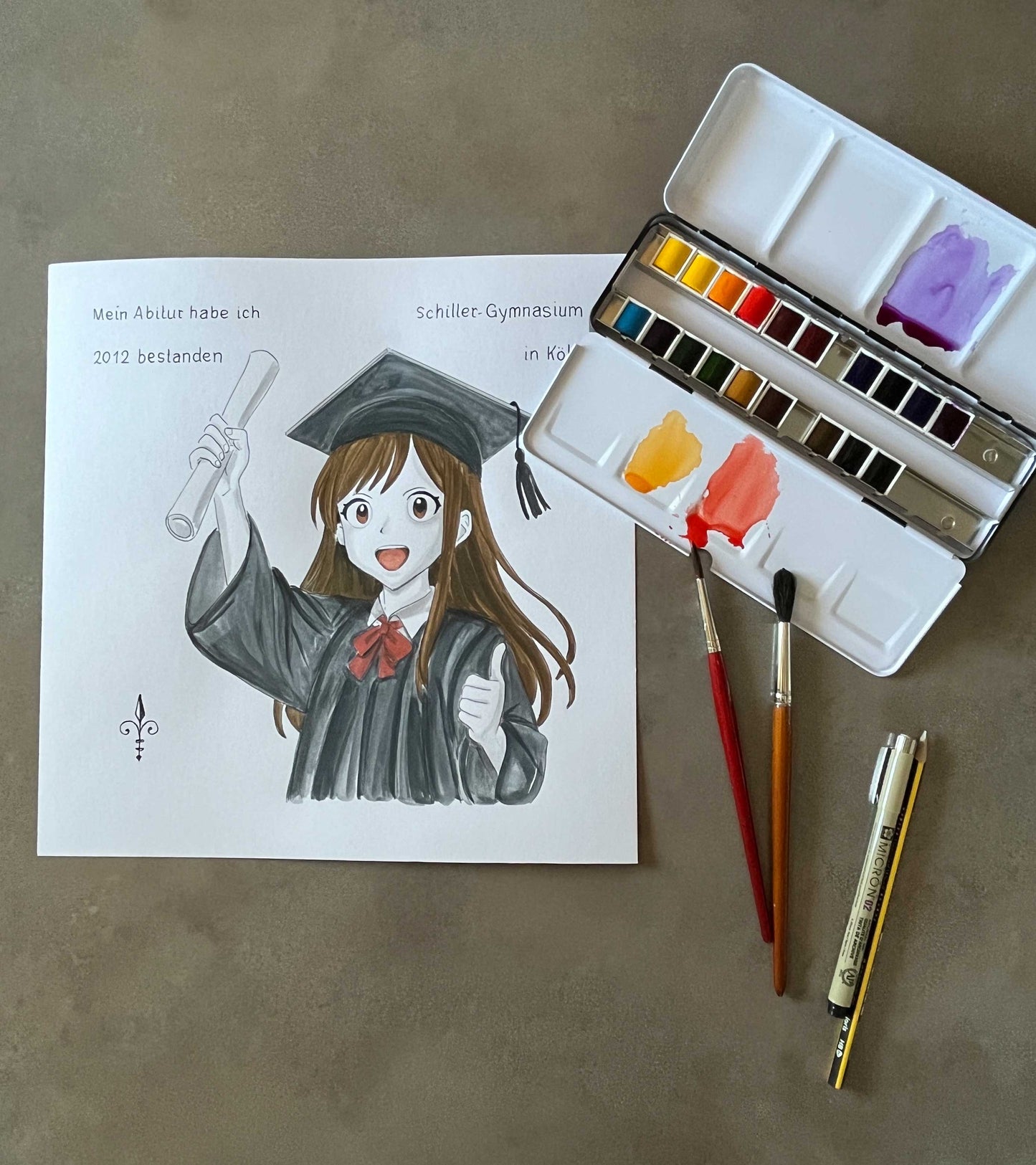 Handgemaltes Aquarell: Schulabschluss - Mädchen