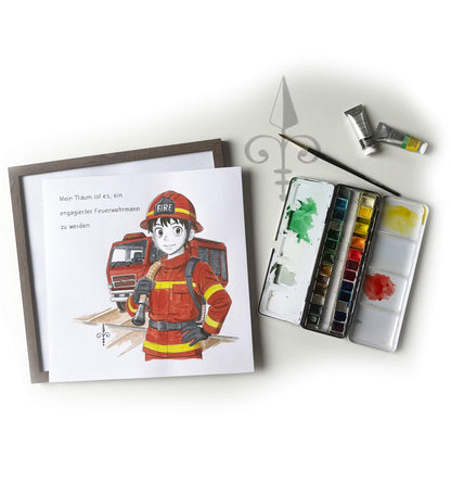 Handgemaltes Aquarell: Berufswunsch - Feuerwehr