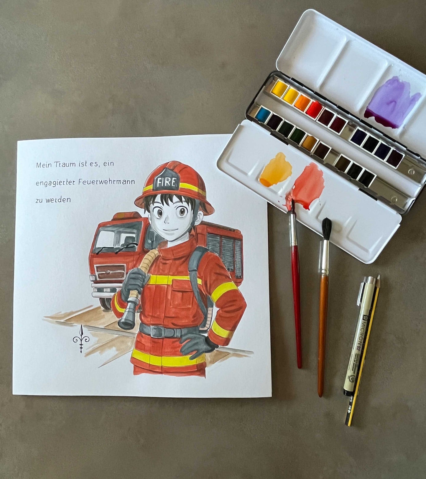 Handgemaltes Aquarell: Berufswunsch - Feuerwehr