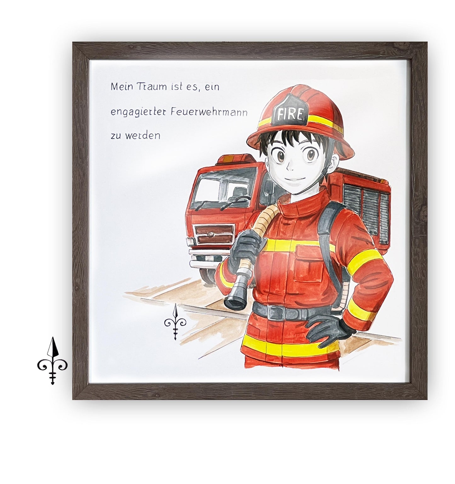 Handgemaltes Aquarell: Berufswunsch - Feuerwehr