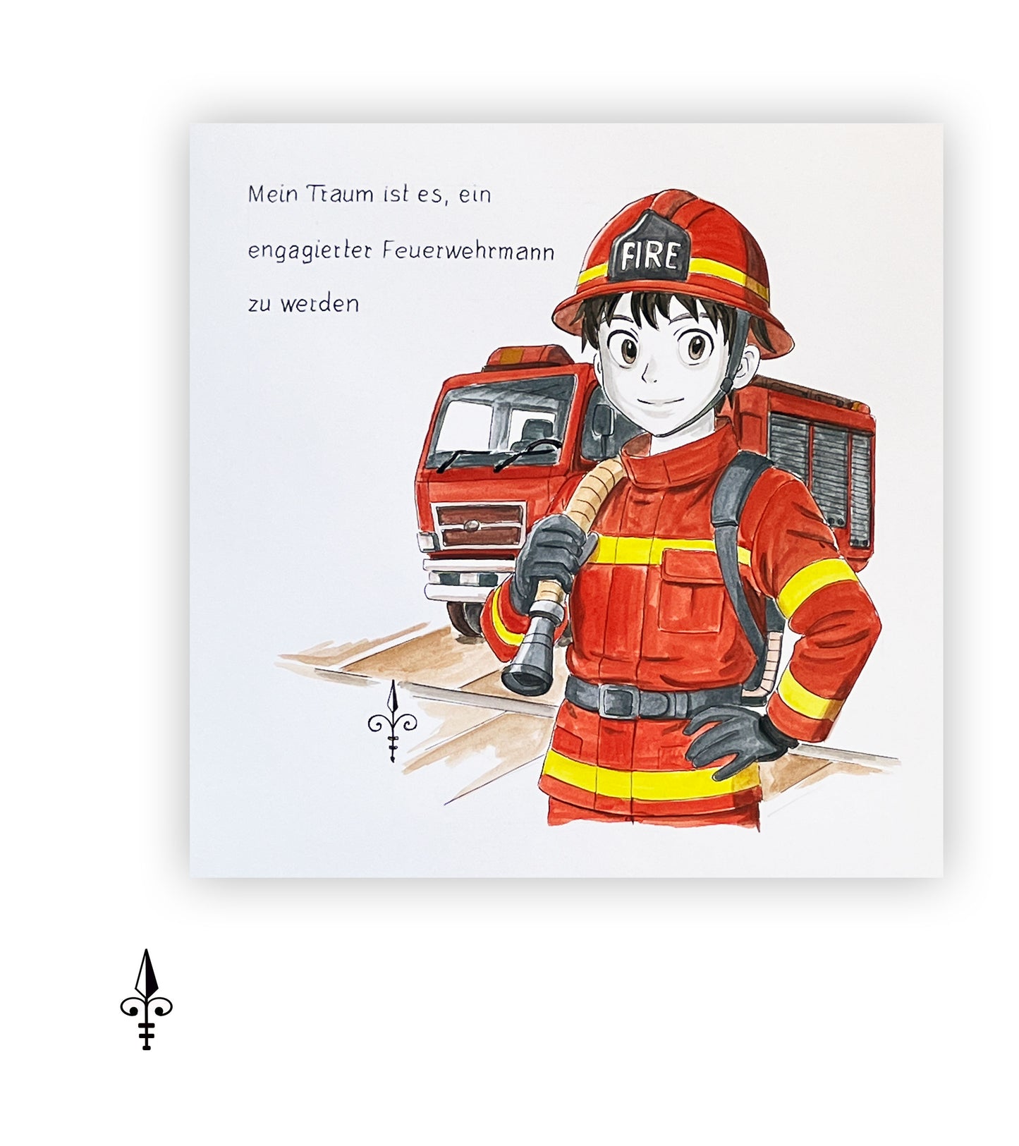 Handgemaltes Aquarell: Berufswunsch - Feuerwehr