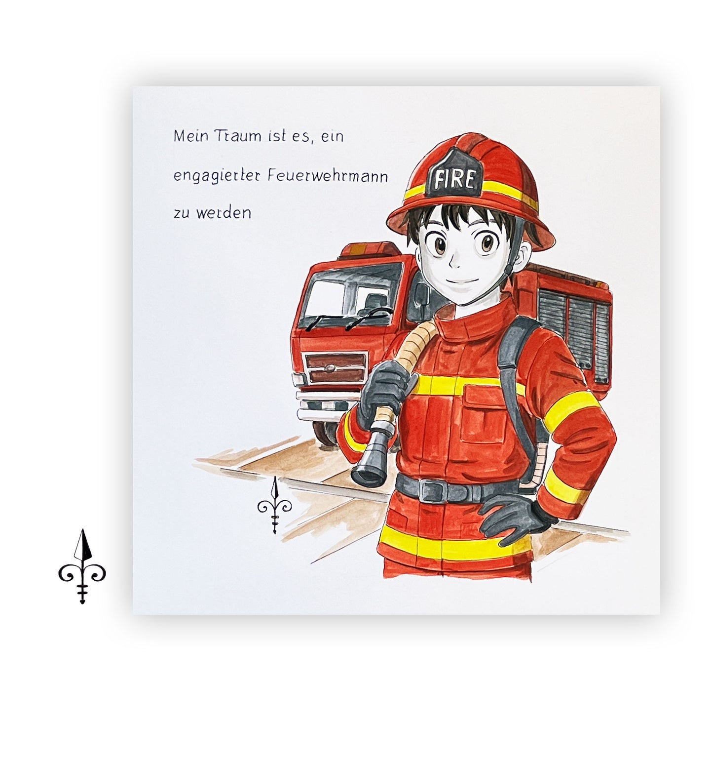 Handgemaltes Aquarell: Berufswunsch - Feuerwehr