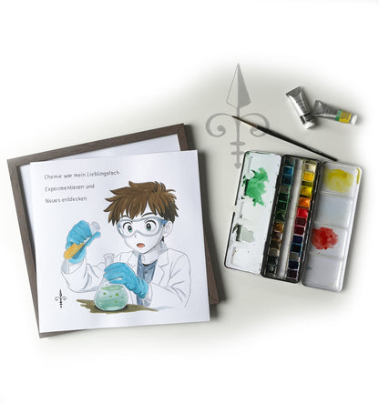 Handgemaltes Aquarell: Lieblingsdach - Chemie - Junge