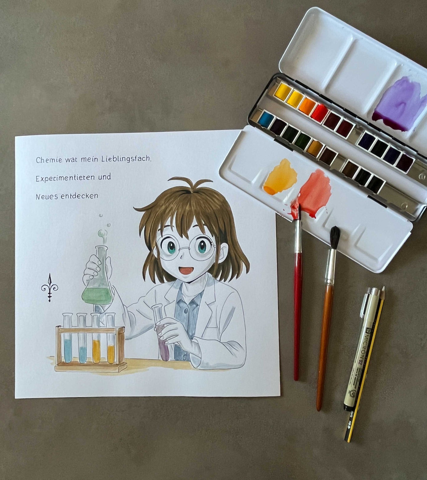 Handgemaltes Aquarell: Lieblingsfach - Chemie - Mädchen