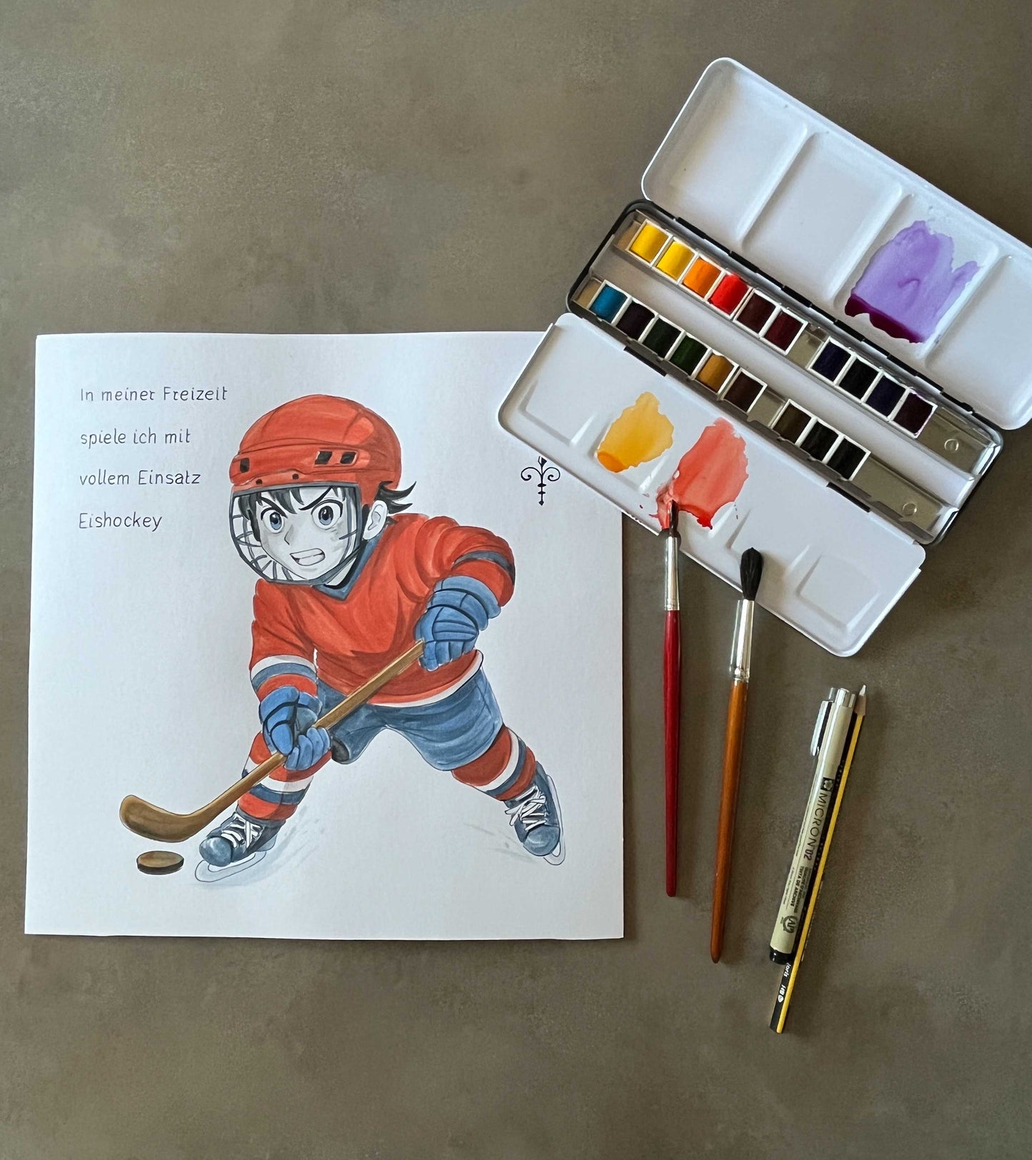 Handgemaltes Aquarell: Hobby - Eishockey