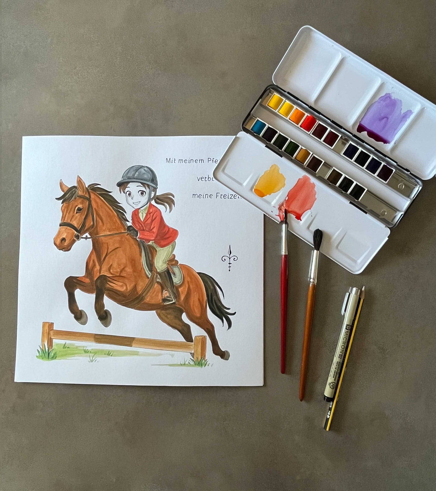 Handgemaltes Aquarell: Hobby - Reiten