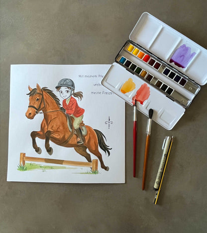 Handgemaltes Aquarell: Hobby - Reiten