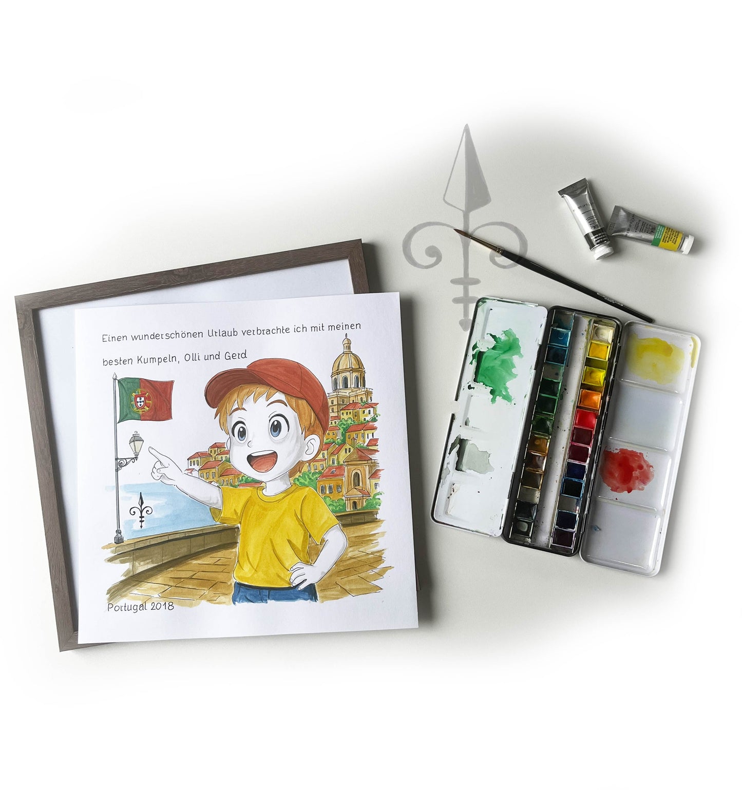 Handgemaltes Aquarell: Reise - Portugal - Junge