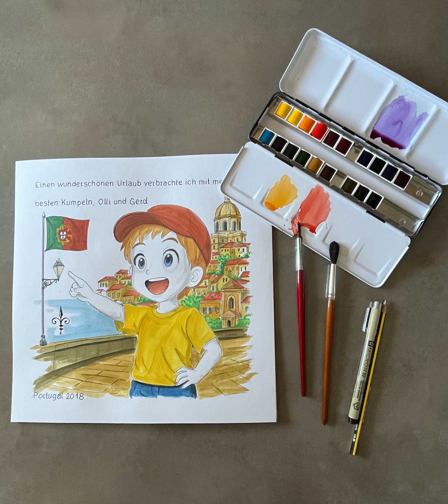 Handgemaltes Aquarell: Reise - Portugal - Junge