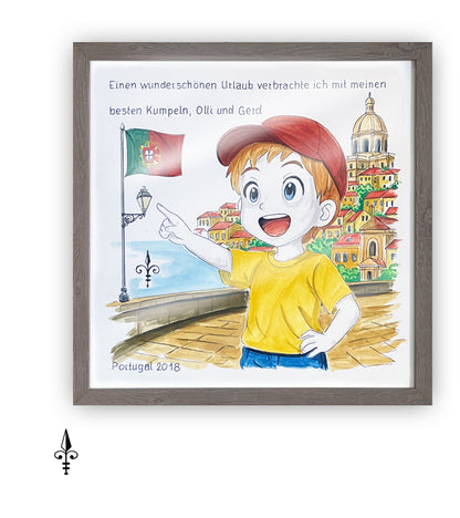 Handgemaltes Aquarell: Reise - Portugal - Junge