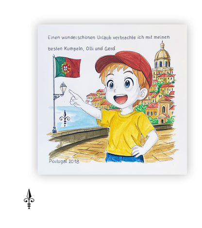 Handgemaltes Aquarell: Reise - Portugal - Junge