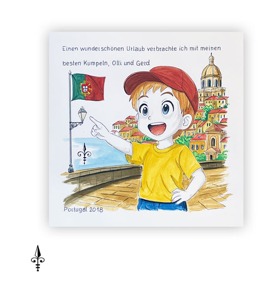 Handgemaltes Aquarell: Reise - Portugal - Junge