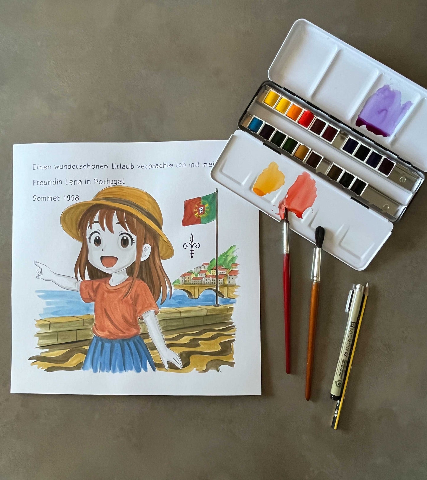 Handgemaltes Aquarell: Reise - Portugal - Mädchen