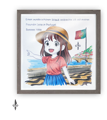 Handgemaltes Aquarell: Reise - Portugal - Mädchen