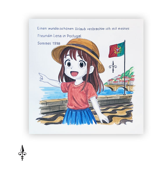 Handgemaltes Aquarell: Reise - Portugal - Mädchen