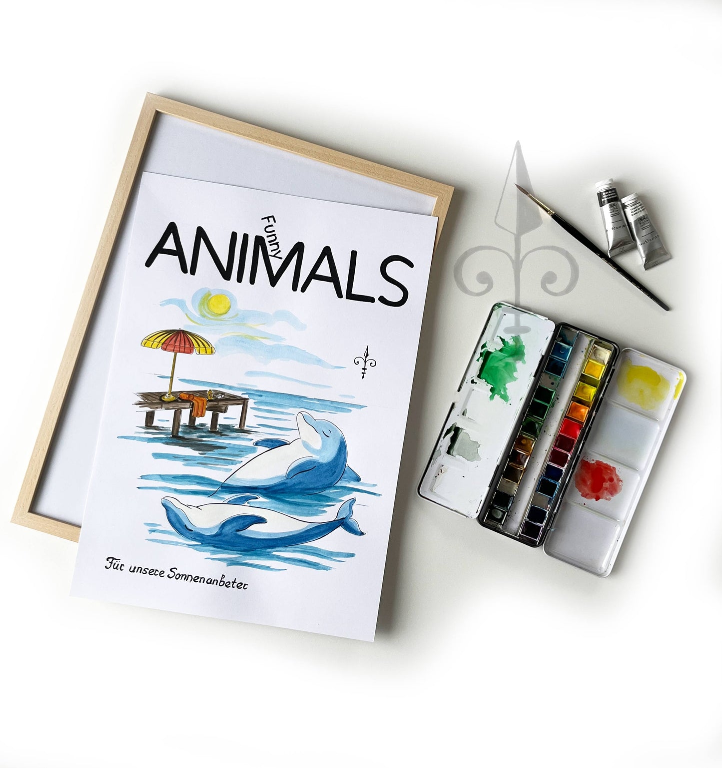 Handgemaltes Aquarell - Funny Animals - Delfine