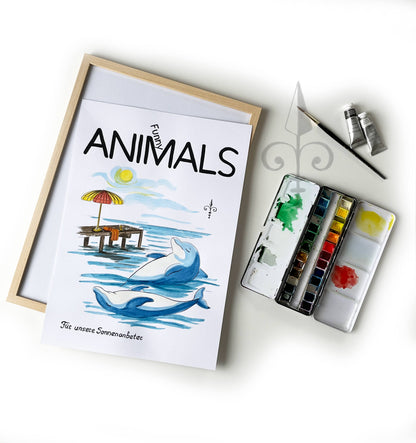 Handgemaltes Aquarell - Funny Animals - Delfine